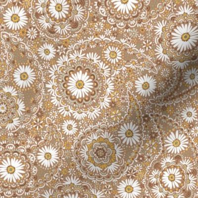 Boho daisy paisley - sand brown, white, sage, yellow - small scale