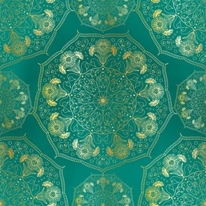 Daisy & Snowdrop Flower Mandala Pattern Gold and Teal Green 