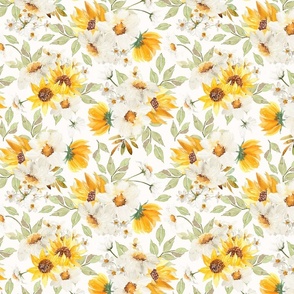 10" Daisies And Sunflowers Watercolor Floral / Daisy Sunflower off white  Nursery Fabric