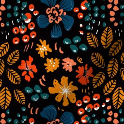 Flower power-vintage orange  teal orange leaves flowers berries