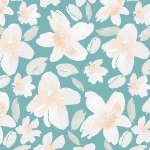 Large Cream Watercolor Flowers Teal Background