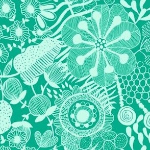 Bold florals aqua green and White_tiny small scale