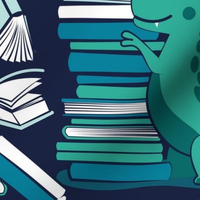 Large jumbo scale // Best hobby of all time // oxford navy blue background green t-rex dinosaur reading aqua green and turquoise blue books