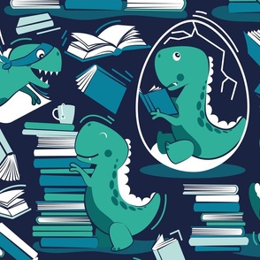 Large jumbo scale // Best hobby of all time // oxford navy blue background green t-rex dinosaur reading aqua green and turquoise blue books