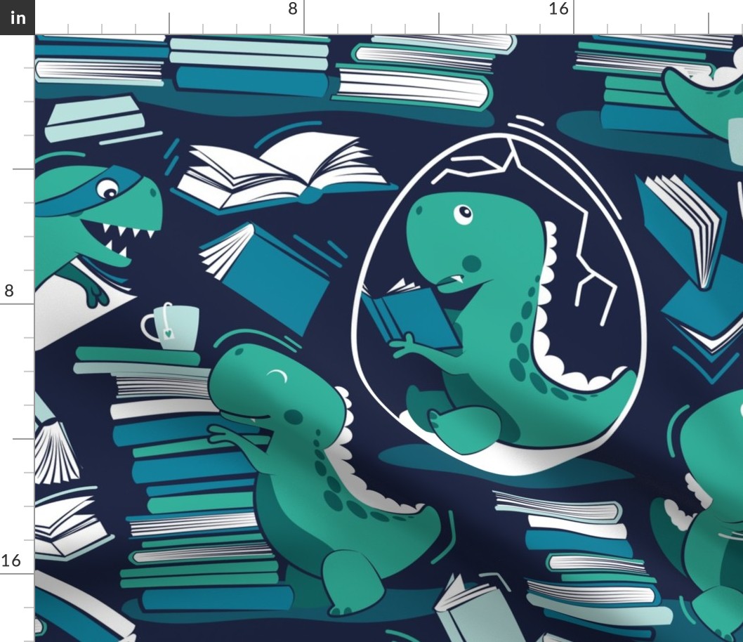 Large jumbo scale // Best hobby of all time // oxford navy blue background green t-rex dinosaur reading aqua green and turquoise blue books