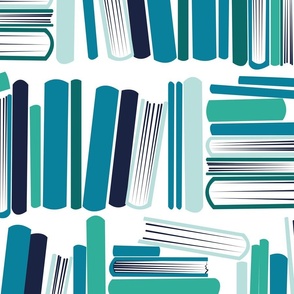 Large jumbo scale // Bookish soul // white bookshelf background oxford navy blue aqua green and turquoise blue books