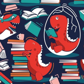 Large jumbo scale // Best hobby of all time // oxford navy blue background neon red t-rex dinosaur reading flesh coral neon red orange and green books