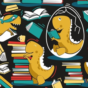 Large jumbo scale // Best hobby of all time // black background yellow t-rex dinosaur reading yellow neon red and green books