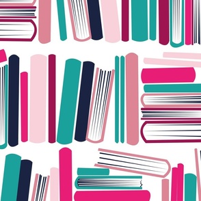 Large jumbo scale // Bookish soul // white bookshelf background teal oxford navy blue fuchsia carissma and pastel pink books 
