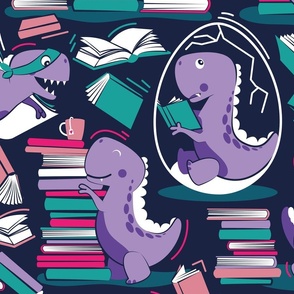 Large jumbo scale // Best hobby of all time // oxford navy blue background violet t-rex dinosaur reading pink violet and green books