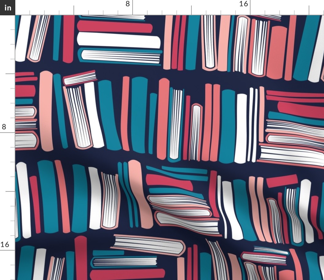 Normal  scale // Bookish soul // oxford navy blue bookshelf background turquoise blue red white and flesh coral books