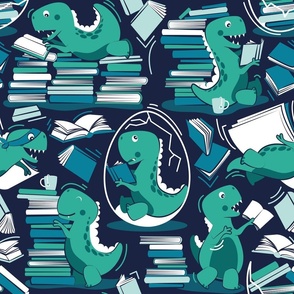 Normal scale // Best hobby of all time // oxford navy blue background green t-rex dinosaur reading aqua green and turquoise blue books