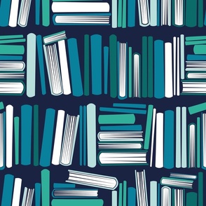 Normal scale // Bookish soul // oxford navy blue bookshelf background white aqua green and turquoise blue books