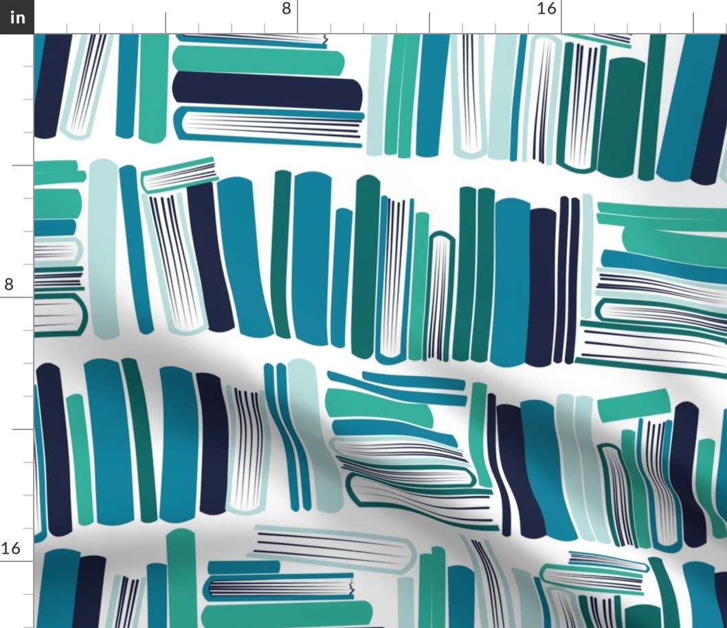 Normal scale // Bookish soul // white bookshelf background oxford navy blue aqua green and turquoise blue books