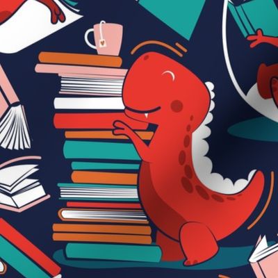 Normal scale // Best hobby of all time // oxford navy blue background neon red t-rex dinosaur reading flesh coral neon red orange and green books