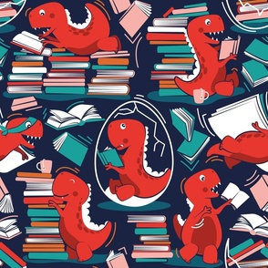 Normal scale // Best hobby of all time // oxford navy blue background neon red t-rex dinosaur reading flesh coral neon red orange and green books