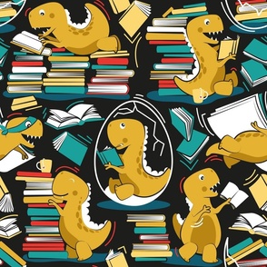 Normal scale // Best hobby of all time // black background yellow t-rex dinosaur reading yellow neon red and green books