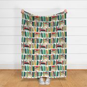 Normal scale // Bookish soul // white bookshelf background teal neon red black and yellow books 