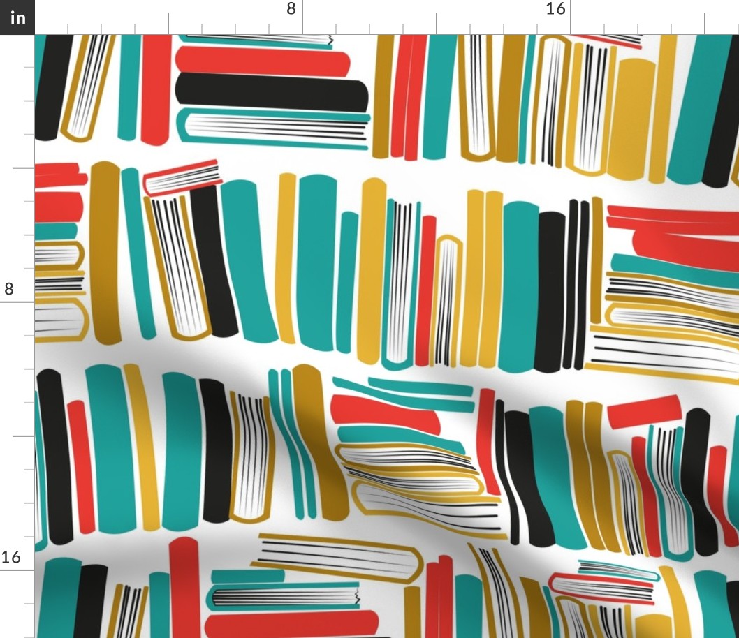 Normal scale // Bookish soul // white bookshelf background teal neon red black and yellow books 