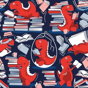 Normal scale // Best hobby of all time // oxford navy blue background neon red t-rex dinosaur reading flesh coral neon red and pastel blue books