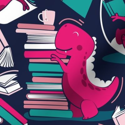 Normal scale // Best hobby of all time // oxford navy blue background fuchsia pink t-rex dinosaur reading pink and teal green books