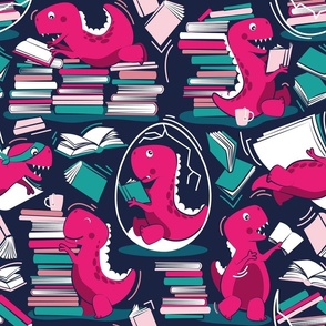 Normal scale // Best hobby of all time // oxford navy blue background fuchsia pink t-rex dinosaur reading pink and teal green books