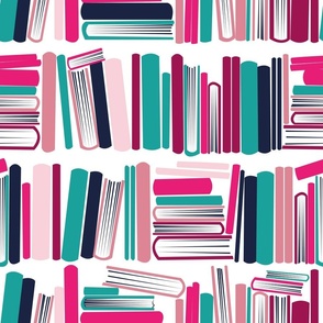 Normal scale // Bookish soul // white bookshelf background teal oxford navy blue fuchsia carissma and pastel pink books 