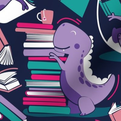 Normal scale // Best hobby of all time // oxford navy blue background violet t-rex dinosaur reading pink violet and green books