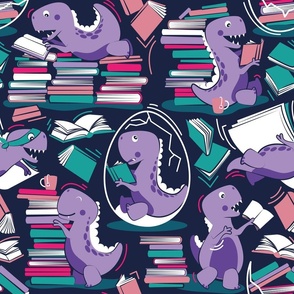 Normal scale // Best hobby of all time // oxford navy blue background violet t-rex dinosaur reading pink violet and green books