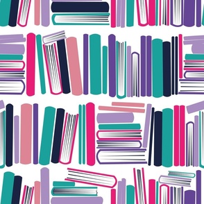 Normal scale // Bookish soul // white bookshelf background oxford navy blue fuchsia and pastel pink violet and green books