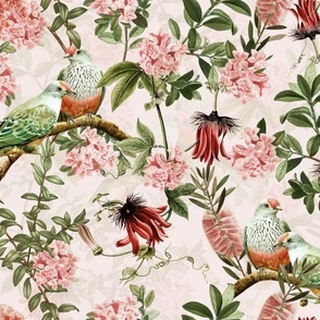 Passionflowers and tropical Birds - blush sepia