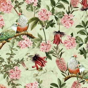 Passionflowers and tropical Birds - green sepia double layer 