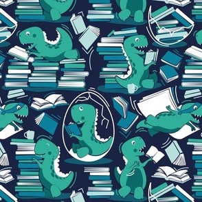 Small scale // Best hobby of all time // oxford navy blue background green t-rex dinosaur reading aqua green and turquoise blue books