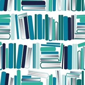 Small scale // Bookish soul // white bookshelf background oxford navy blue aqua green and turquoise blue books