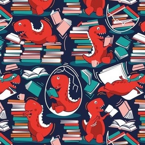 Small scale // Best hobby of all time // oxford navy blue background neon red t-rex dinosaur reading flesh coral neon red orange and green books