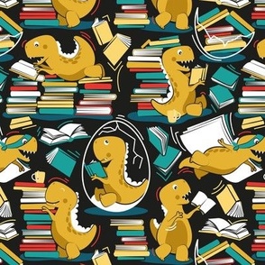 Small scale // Best hobby of all time // black background yellow t-rex dinosaur reading yellow neon red and green books