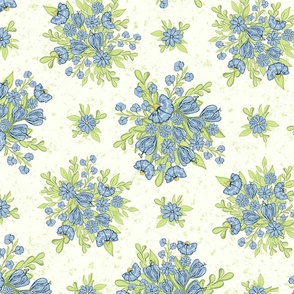Medium scale spring flowers in sky blue and honeydew green