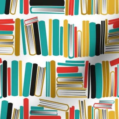 Small scale // Bookish soul // white bookshelf background teal neon red black and yellow books 