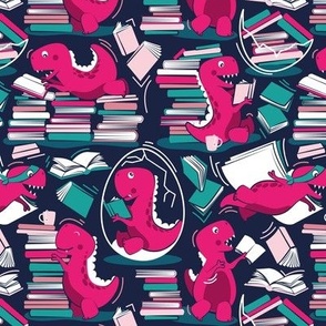 Small scale // Best hobby of all time // oxford navy blue background fuchsia pink t-rex dinosaur reading pink and teal green books