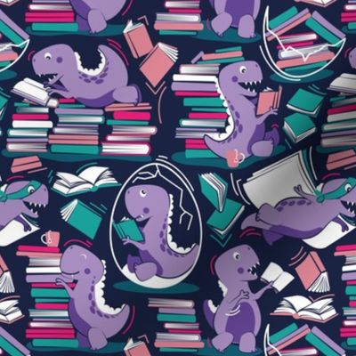 Small scale // Best hobby of all time // oxford navy blue background violet t-rex dinosaur reading pink violet and green books