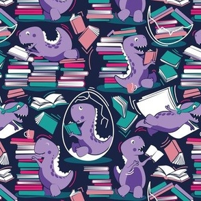 Small scale // Best hobby of all time // oxford navy blue background violet t-rex dinosaur reading pink violet and green books