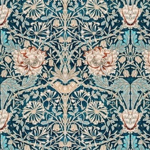 honeysuckle and tulip by william morris- LARGE - original blue antiqued art nouveau art deco, canvas background