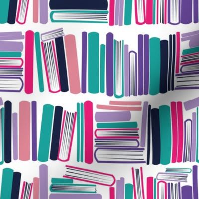 Small scale // Bookish soul // white bookshelf background oxford navy blue fuchsia and pastel pink violet and green books