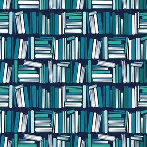  Tiny scale // Bookish soul // oxford navy blue bookshelf background white aqua green and turquoise blue books