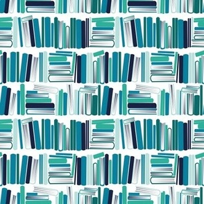 Tiny scale // Bookish soul // white bookshelf background oxford navy blue aqua green and turquoise blue books