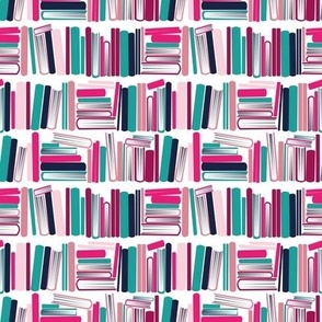 Tiny scale // Bookish soul // white bookshelf background teal oxford navy blue fuchsia carissma and pastel pink books 