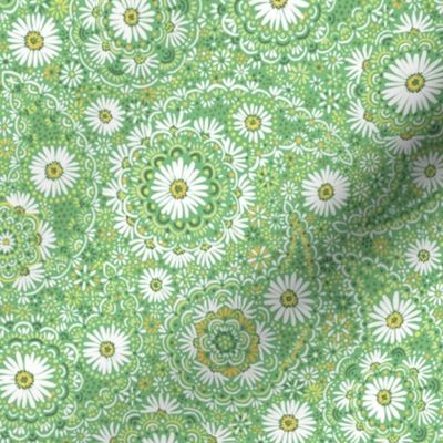 Green daisy paisley - spring green, sunny yellow and white - small scale