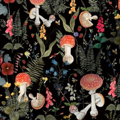 14" Night forest on black- home decor mushroom fabric,mushrooms fabric - single layer Psychadelic  Mushroom Wallpaper