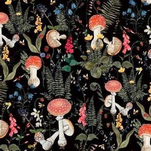 14" Night forest on black- home decor mushroom fabric,mushrooms fabric - single layer Psychadelic  Mushroom Wallpaper