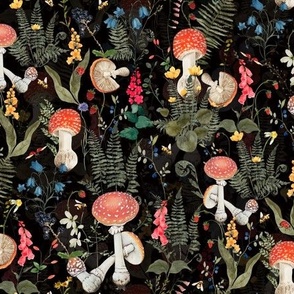 14"  Night forest on black- home decor mushroom fabric,mushrooms fabric Psychadelic  Mushroom Wallpaper